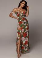 Oasap Sexy Boho Floral Printed Spaghetti Strap Ruffle Neckline Slit Maxi Dress