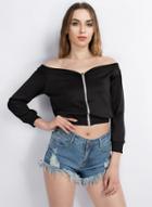 Oasap Slash Neck Long Sleeve Zipper Crop Top
