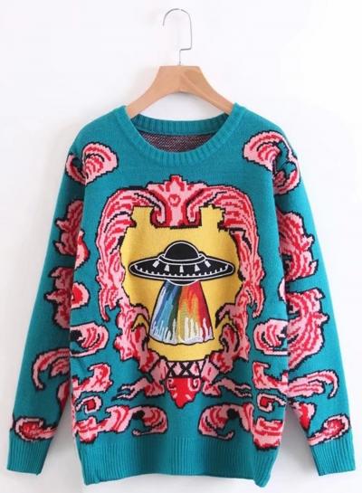 Oasap Round Neck Long Sleeve Patterned Pullover Sweater