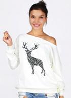 Oasap Off The Shoulder Christmas Elk Print Thicken Sweatshirt