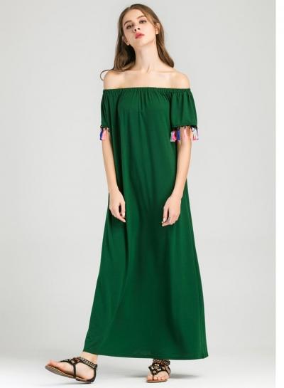 Oasap Off Shoulder Short Sleeve Loose Fit Maxi Dress With Tassel