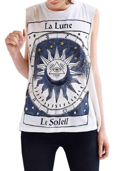 Oasap Women Fashion Abstract Print Sleeveless Round Neck Knit Tee