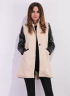 Oasap Fashion Faux Leather Panel Single Button Coat
