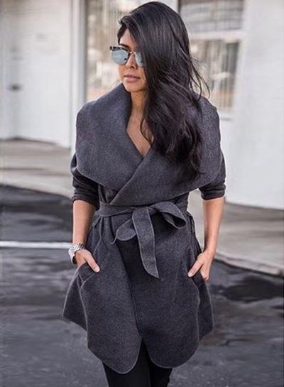 Oasap Turn Down Collar Long Sleeve Coat With Belt