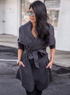 Oasap Turn Down Collar Long Sleeve Coat With Belt
