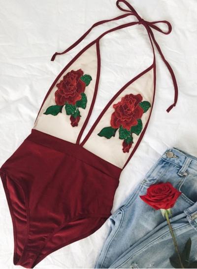 Oasap Deep V Neck Floral Embroidery One Piece Swimsuit