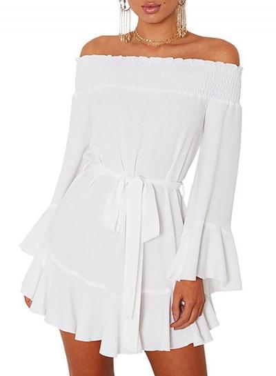 Oasap Fashion Solid Tie Waist Long Flare Sleeve Slash Neck Women Pleated Dress