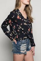 Oasap Fashion Floral Print V Neck Cotton Blend Blouse
