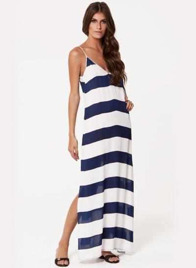 Oasap Striped V Neck Sleeveless Backless Slit Maxi Dress