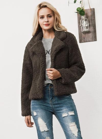 Oasap Turn Down Collar Long Sleeve Short Lamb Wool Coat