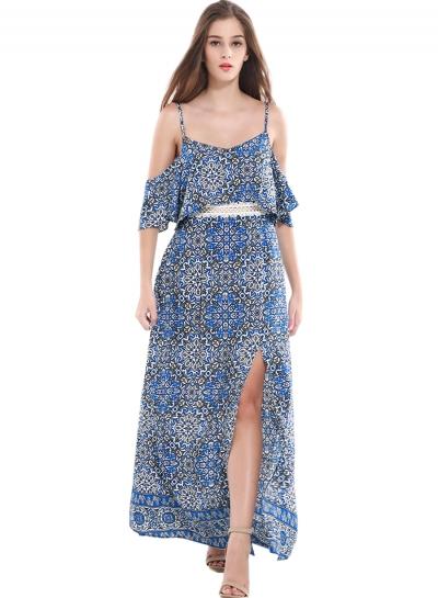 Oasap Women's Spaghetti Strap Cold Shoulder Boho Print Maxi Dress