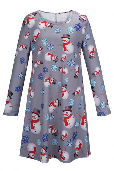 Oasap Cute Long Sleeve Round Neck Cartoon Snowmen Printing Mini Dress