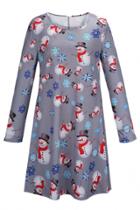 Oasap Cute Long Sleeve Round Neck Cartoon Snowmen Printing Mini Dress