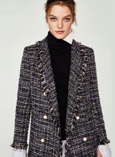 Oasap Long Sleeve Open Front Pearls Tweed Coat With Tassle