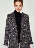 Oasap Long Sleeve Open Front Pearls Tweed Coat With Tassle