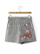 Oasap High Waist Floral Embroidery Plaid Shorts