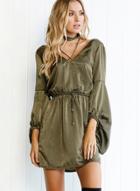 Oasap V Neck Lantern Sleeve Drawstring Waist Mini Dress