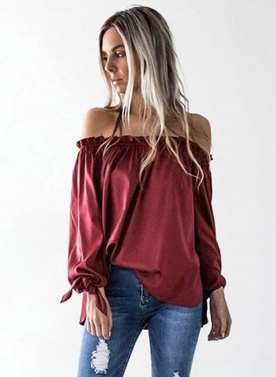 Oasap Slash Neck Long Sleeve Solid Color Blouse