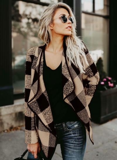 Oasap Wide Lapel Long Sleeve Open Front Plaid Coat