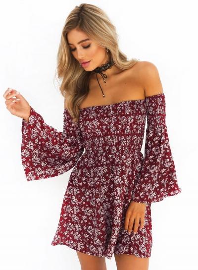 Oasap Slash Neck Flare Sleeve Floral Print Dress