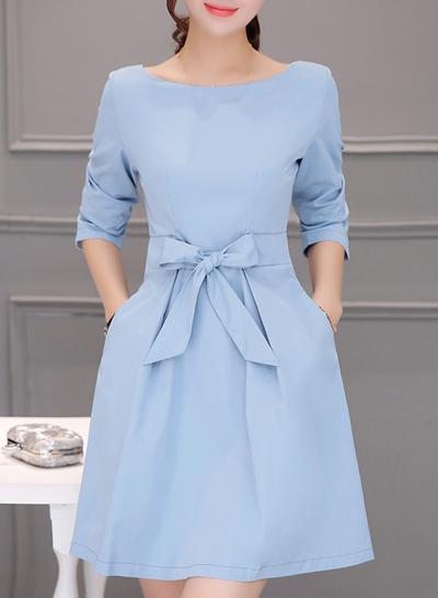 Oasap Fashion Long Sleeve Tie Waist A-line Dress