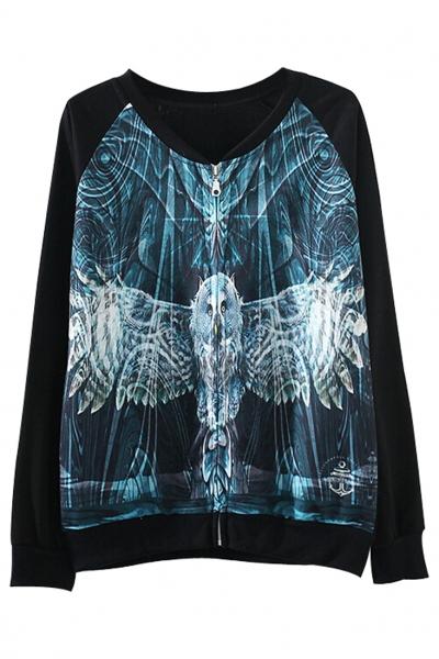 Oasap Chic Paneled Graphic Owl Black Zip Up Sweatshirt