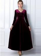 Oasap Fashion V Neck Long Sleeve Maxi Velvet Dress