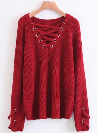 Oasap Lace-up V Neck Knit Loose Sweater