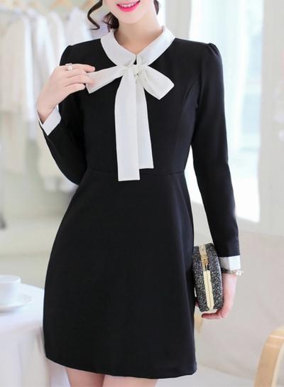 Oasap Fashion Bow Tie Collar Long Sleeve Dress