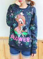 Oasap Christmas Deer Floral Long Sleeve Pullover Sweatshirt