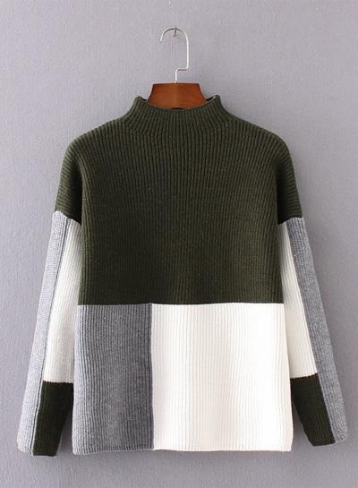 Oasap Color Block Funnel Neck Pullover Sweater