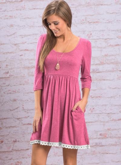 Oasap Round Neck Lace Hem Solid Dresses