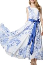 Oasap Women's Sleeveless Blue And White Porcelain Print Maxi Dress