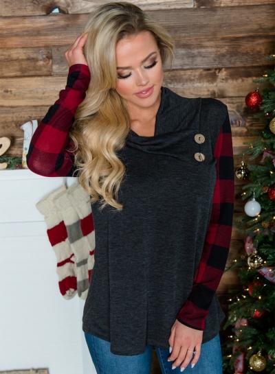 Oasap Turtleneck Long Sleeve Plaid Splicing Tee Shirt
