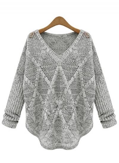 Oasap V Neck Hollow Out Long Sleeve Knit Sweater