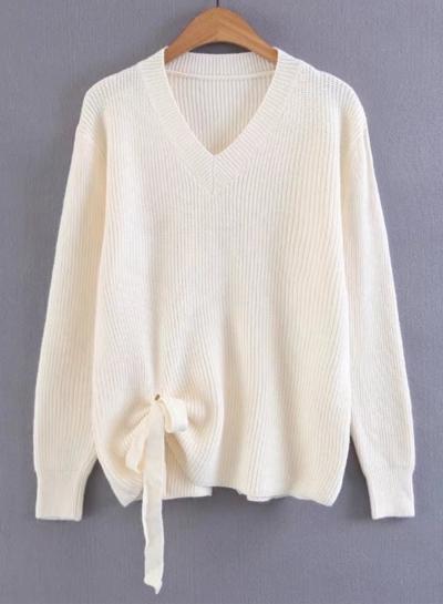 Oasap Fashion Solid V Neck Knit Detail Knit Sweater