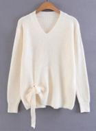 Oasap Fashion Solid V Neck Knit Detail Knit Sweater