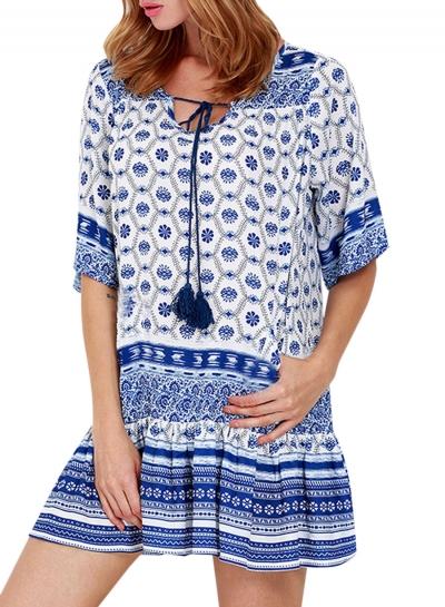 Oasap Women's Blue And White Porcelain Printing Loose Mini Dress