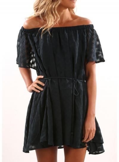 Oasap Off Shoulder Short Sleeve Tie Waist Mini Dress