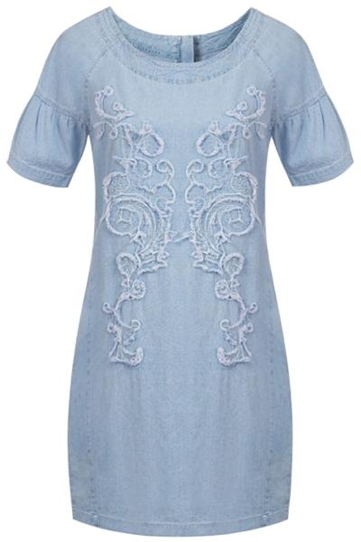 Oasap Sweet Embroidery Print Lantern Sleeve Denim Dress