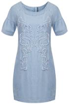 Oasap Sweet Embroidery Print Lantern Sleeve Denim Dress