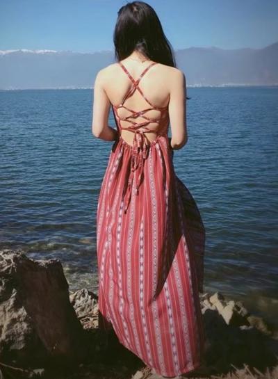 Oasap Bohemian V Neck Sleeveless Back Cross Strap Maxi Dress