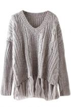 Oasap Khaki Pullover Cable Knit Tassels Sweater