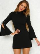 Oasap Round Neck Flare Sleeve Lace Up Dress