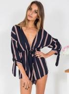 Oasap V Neck Three Quarter Length Sleeve Striped Romper