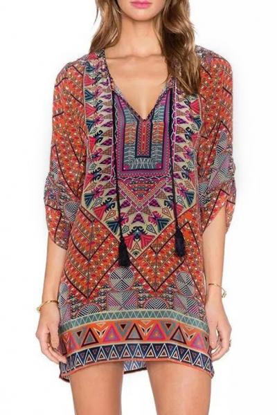 Oasap Vintage Three Quarter Sleeve Printed Dress