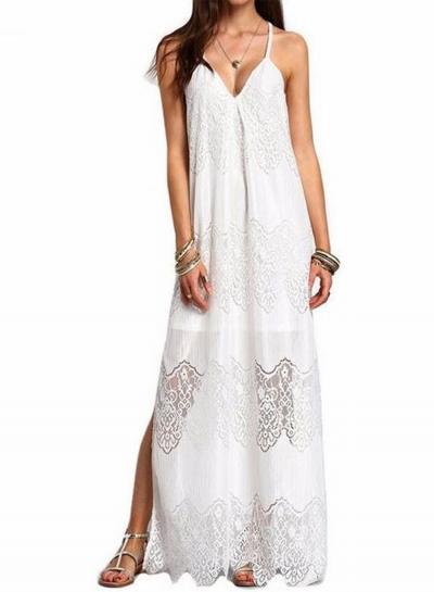 Oasap Deep V Neck Lace Slip Maxi Dress