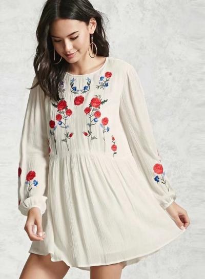 Oasap Round Neck Floral Embroidery Long Sleeve Mini Dress
