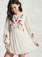 Oasap Round Neck Floral Embroidery Long Sleeve Mini Dress