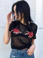 Oasap Short Sleeve Sheer Mesh Floral Embroidery Blouse
